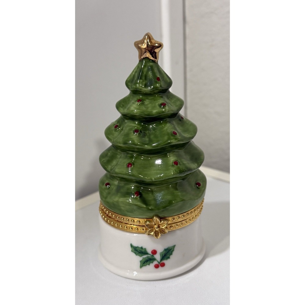 Vintage Lefton Christmas Tree Hinged Trinket Box 4-3/4" Holiday Decor Japan